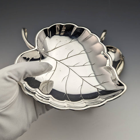 British Vintage Silver Plate Leaf Shaped Dish Pair